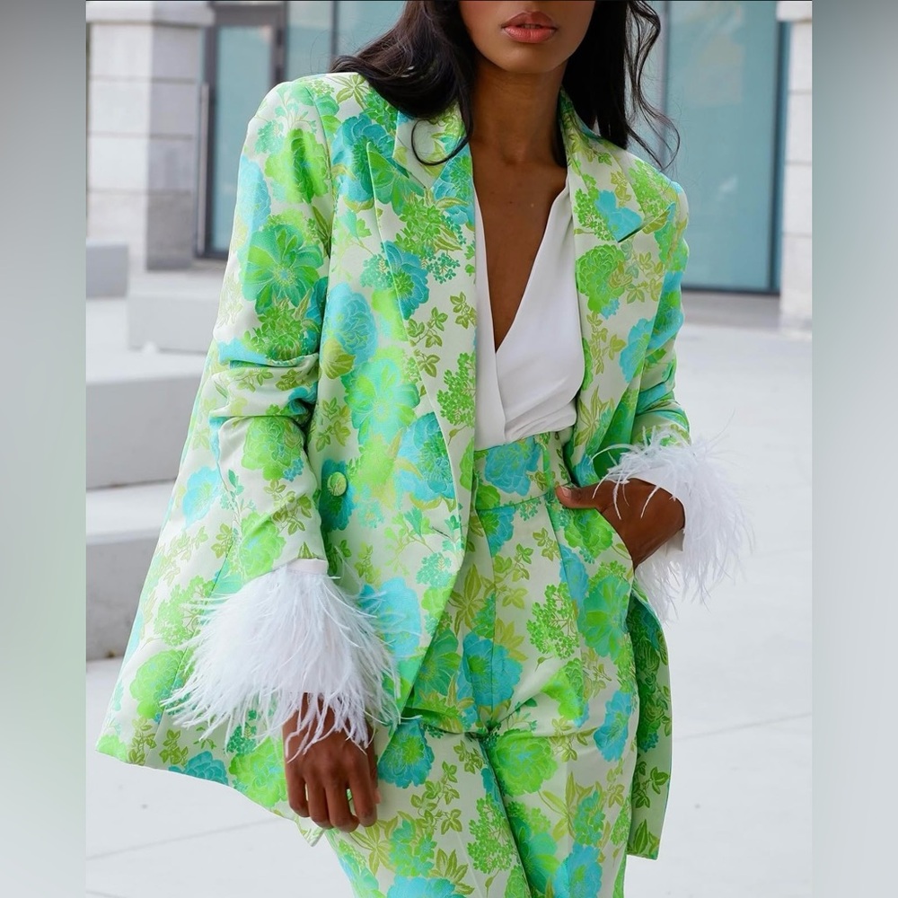 KAOA Green and Blue Abstract Print Blazer with Oversized Fit